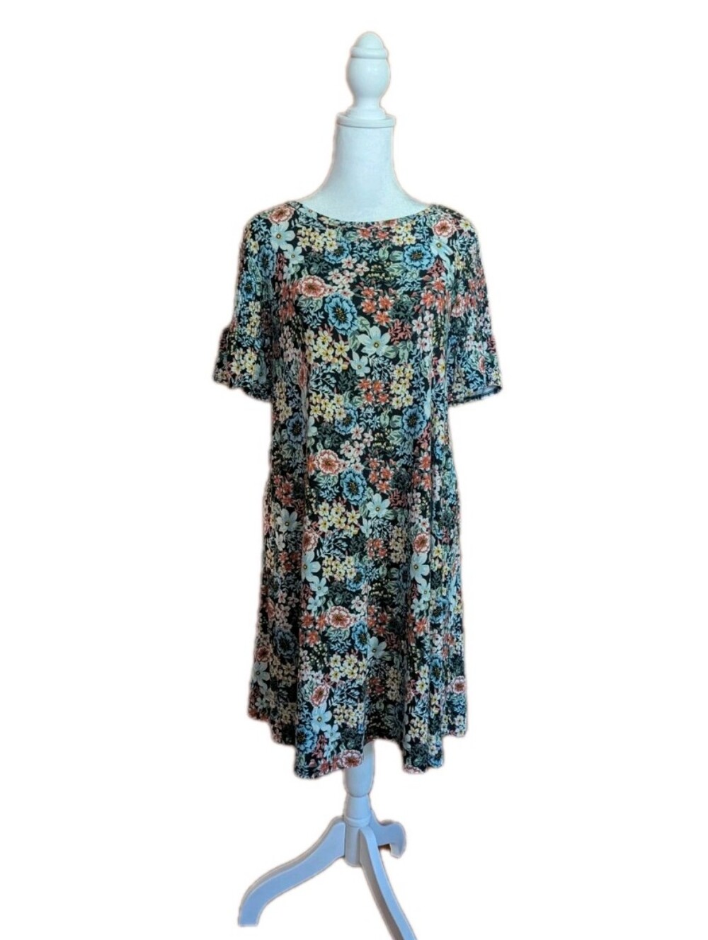 Loft Floral Babydoll Shift Dress Ruffle Sleeve Multicolor Size S Stretch